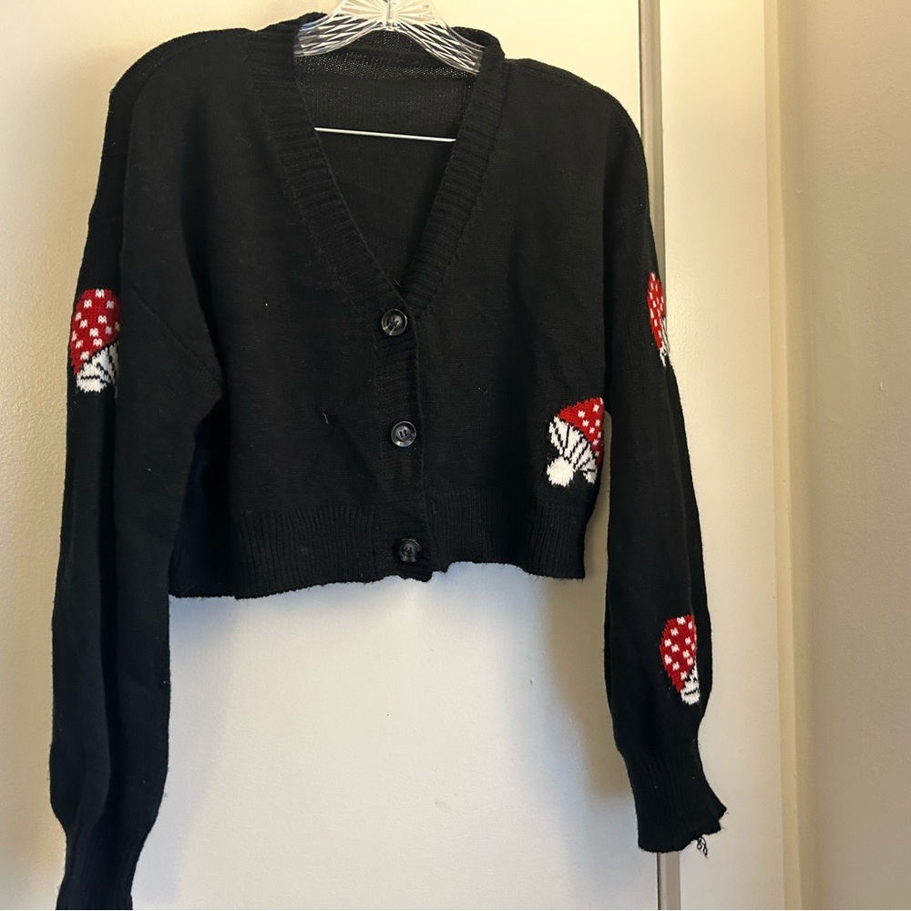 Black Cardigan Sweater with Floral Red Accents